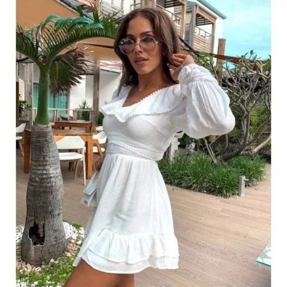 White Long Sleeve V-Neck Open Back Ruffle Hem Mini Dress - Picture 14 of 17